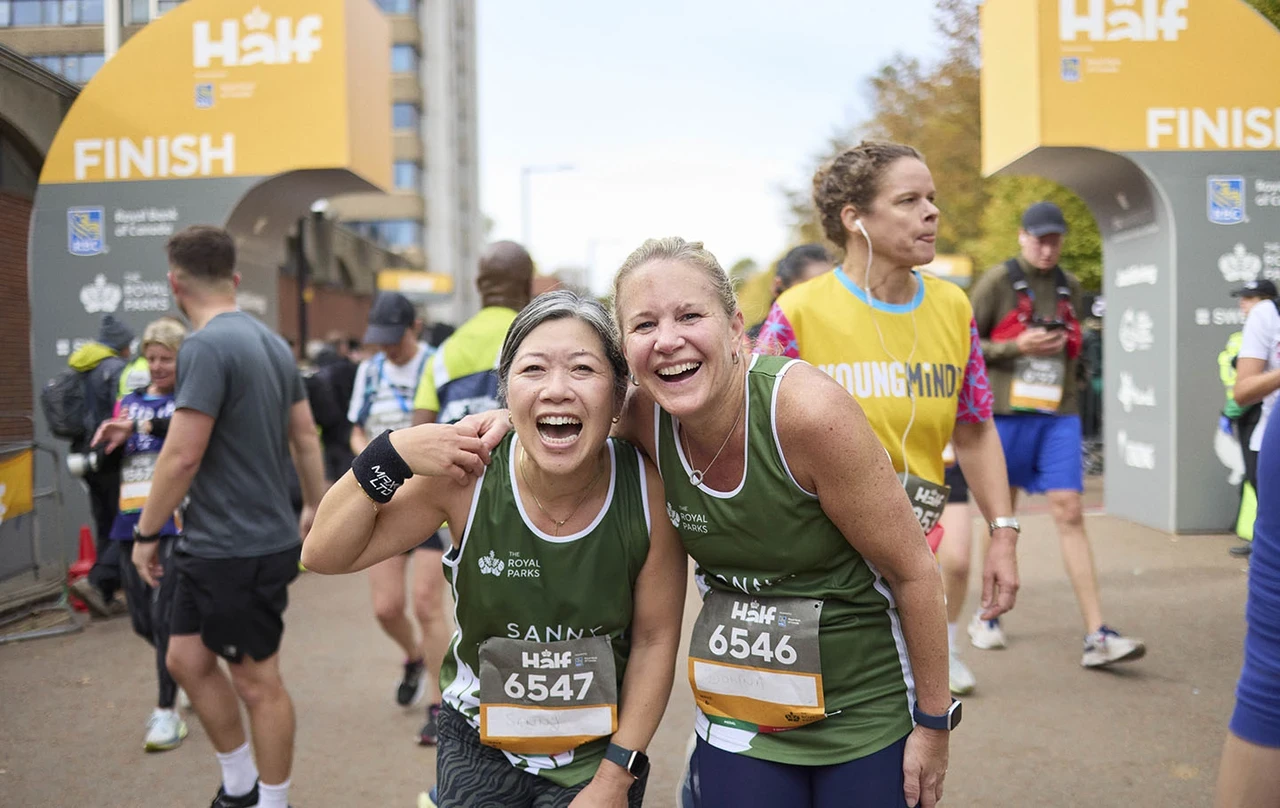 Two women at the finish line of the Royal Parks Half Marathon