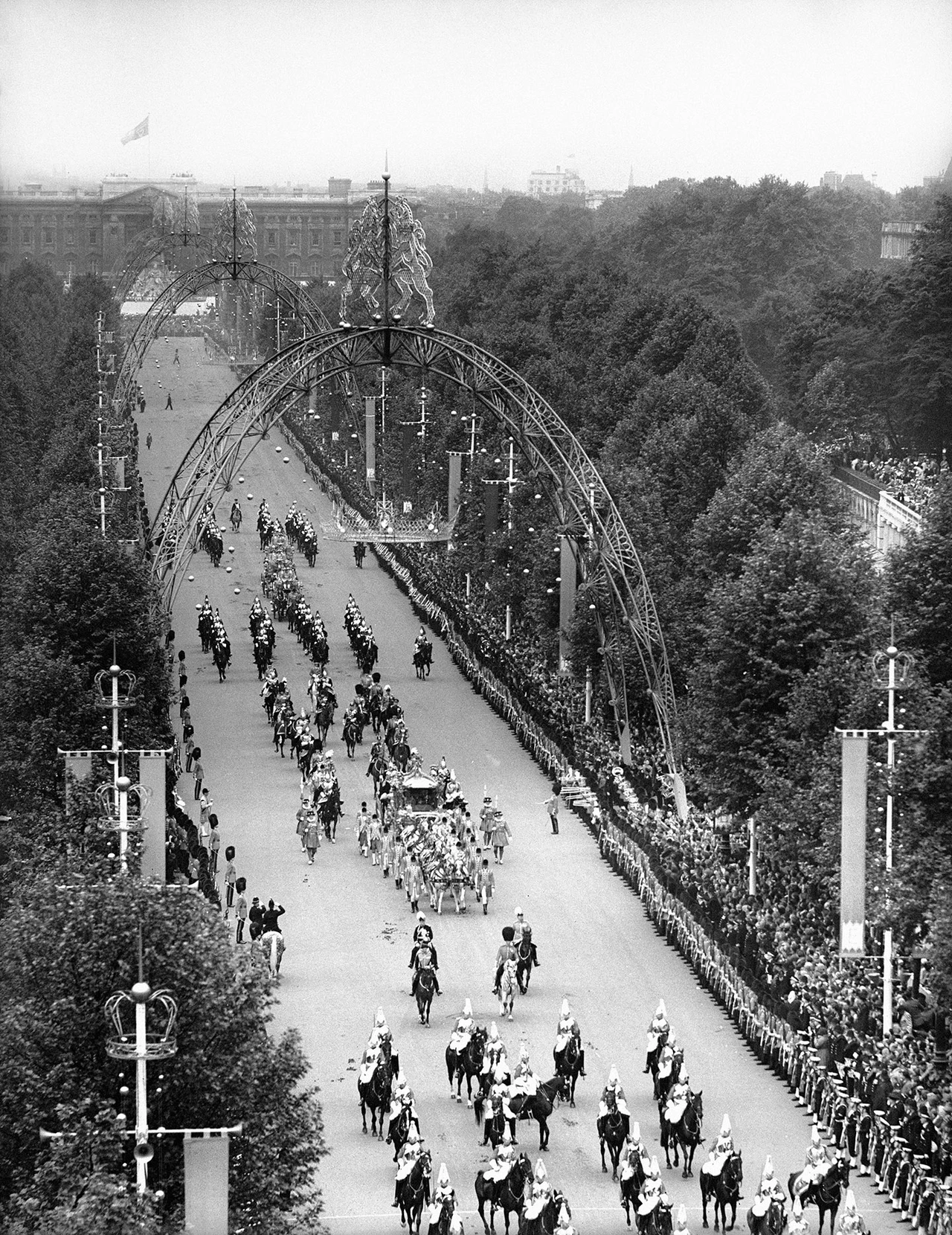 Queen Elizabeth II's Coronation procession travelling along The Mall