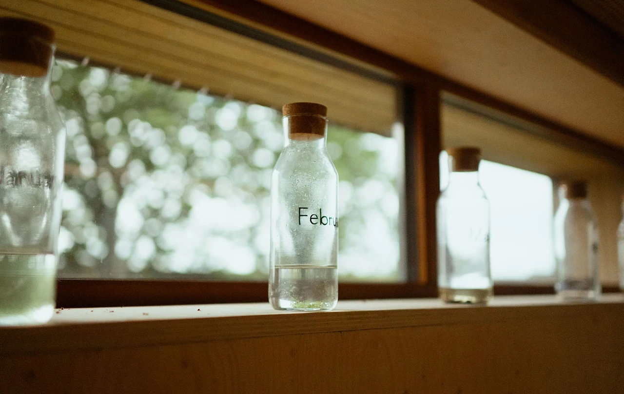 Water bottles on shelf