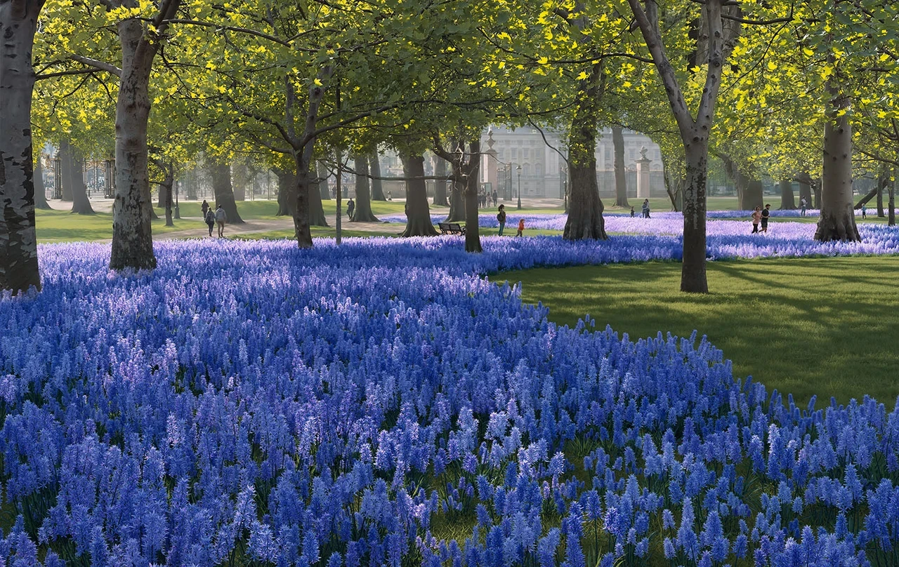 Blue camassia flowers weave through The Green Park (concept art)